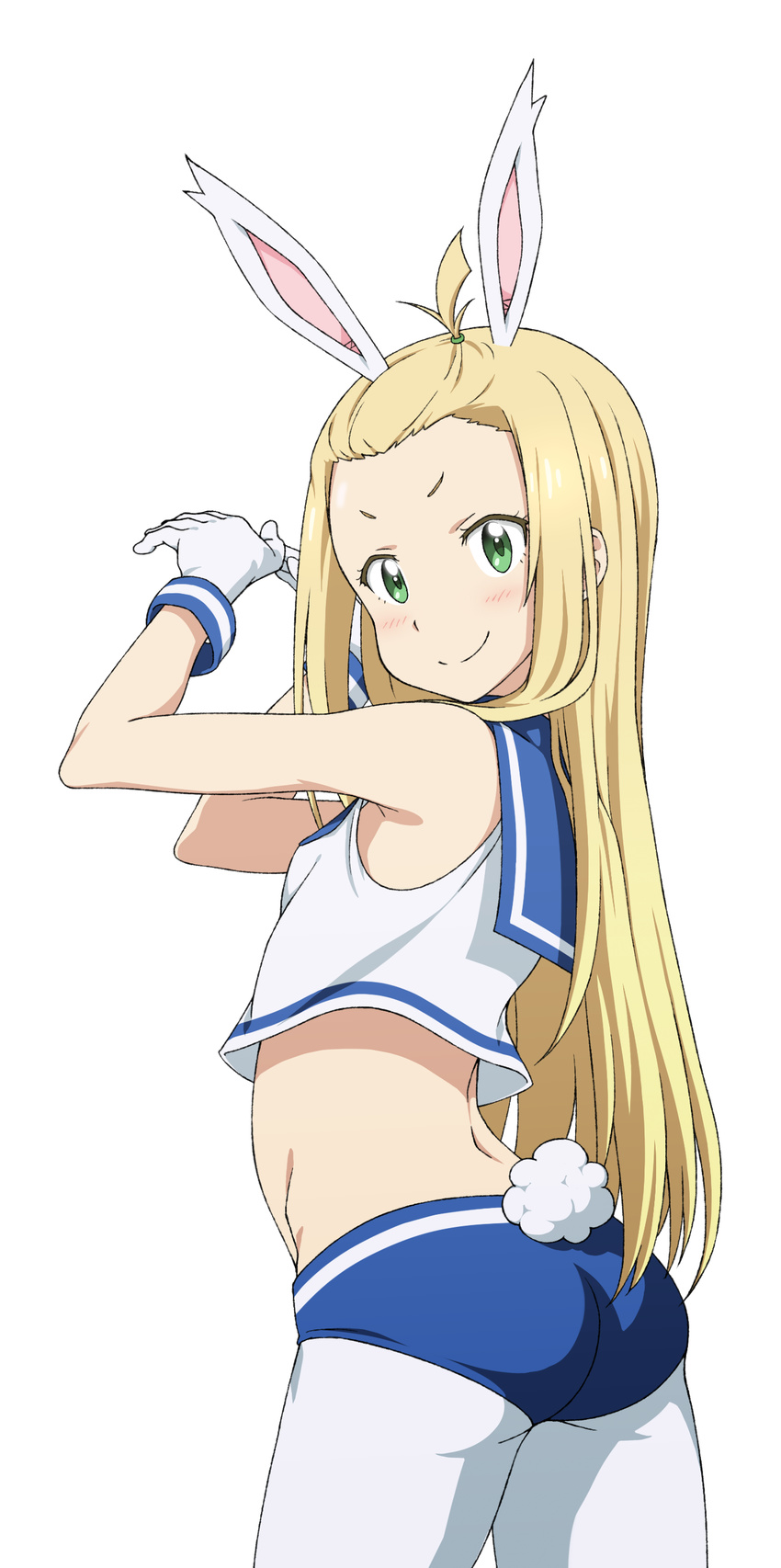 absurdres animal_ears ass blonde_hair bunny_ears bunny_tail colette_(kono_bijutsubu_niwa_mondai_ga_aru!) crop_top gloves green_eyes highres kono_bijutsubu_niwa_mondai_ga_aru! long_hair midiman midriff pantyhose sailor_collar sleeveless smile solo tail transparent_background wedgie white_gloves