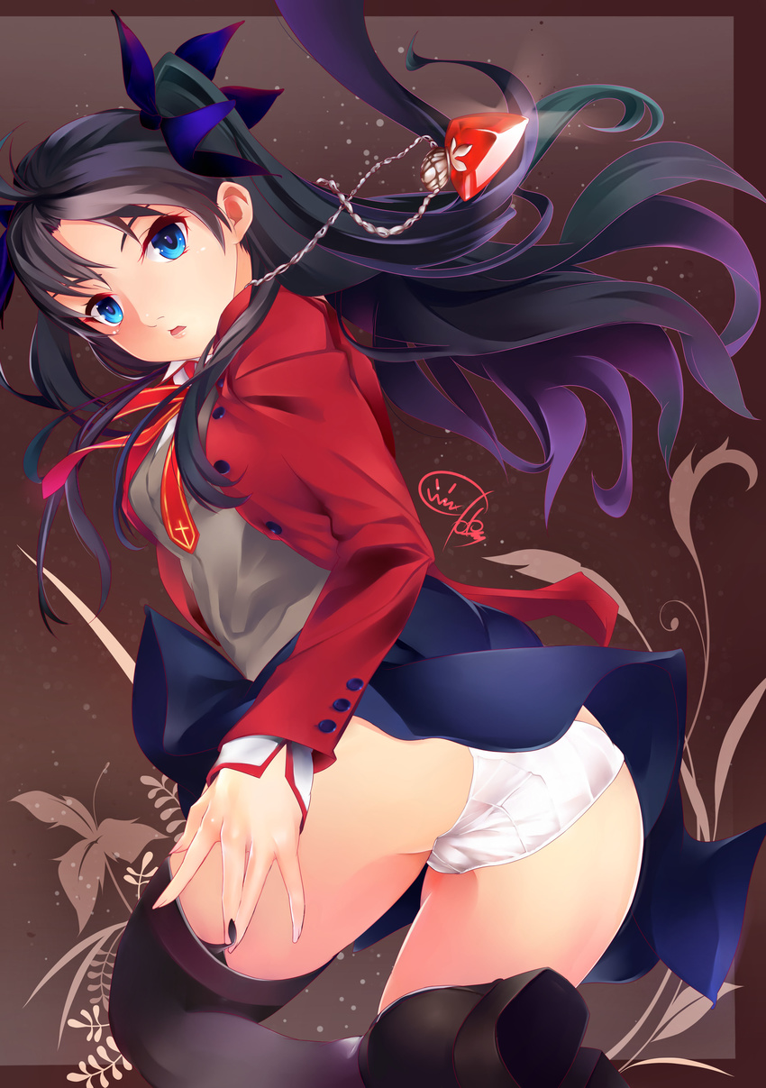 absurdres ass black_hair black_legwear black_skirt blue_eyes cekonikova fate/stay_night fate_(series) hair_ribbon highres homurahara_academy_uniform jewelry long_hair looking_at_viewer necklace open_mouth panties ribbon school_uniform skirt solo toosaka_rin two_side_up underwear white_panties