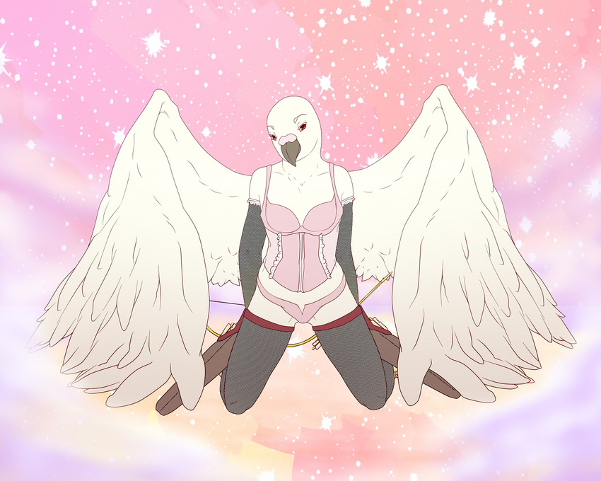 9x9 arrow avian bird bow_(weapon) clothing cloud corset cupid dove holidays kneeling lingerie looking_at_viewer male ranged_weapon solo valentine's_day weapon wings