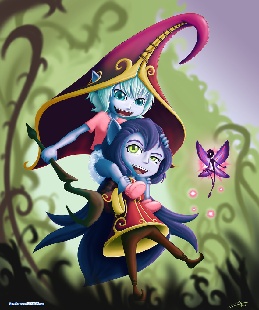 2012 ageplay blue_eyes carrying clothing cushypen diaper female flying footwear green_eyes group hair hat league_of_legends lulu_(lol) open_mouth piggyback pixie pointy_ears purple_hair purple_skin riding sparkles staff teeth tongue tree tristana_(lol) unknown_artist video_games watermark white_hair wings yordle