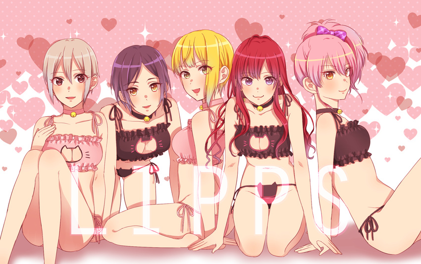 :3 :d bell bell_choker black_panties blonde_hair blush bow bra breasts brown_eyes brown_hair cat_cutout cat_ear_panties cat_lingerie choker cleavage cleavage_cutout commentary_request hair_bow hayami_kanade heart heart_background highres hushimi-nanodesu ichinose_shiki idolmaster idolmaster_cinderella_girls idolmaster_cinderella_girls_starlight_stage jougasaki_mika kneeling large_breasts lipps_(idolmaster) looking_at_viewer meme_attire miyamoto_frederica multiple_girls open_mouth panties pink_bra pink_hair pink_panties purple_eyes purple_hair shiomi_shuuko short_hair side-tie_panties side_ponytail silver_hair sitting smile sparkle underwear wariza yellow_eyes