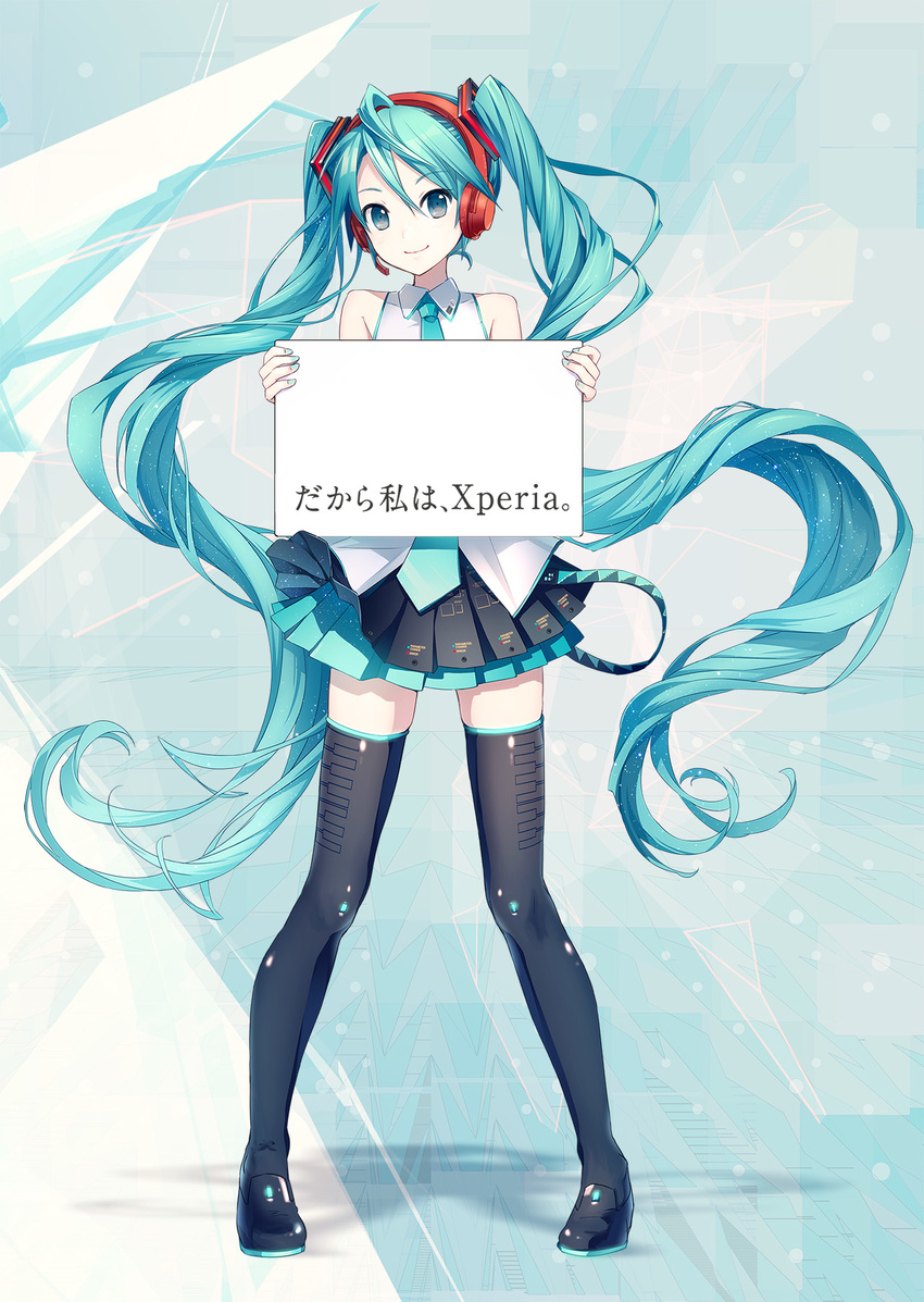 aqua_eyes aqua_hair boots hatsune_miku hatsune_miku_(vocaloid3) headphones highres holding holding_sign ixima long_hair nail_polish necktie official_art sign skirt smile solo sony standing text_focus thigh_boots thighhighs twintails very_long_hair vocaloid xperia zettai_ryouiki