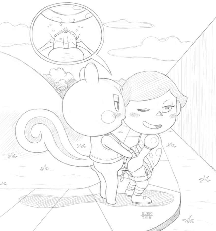animal_crossing anthro balls black_and_white blush bottomless close-up clothed clothing cum cum_in_pussy cum_inside cum_on_penis cutaway duo female from_behind_position half-closed_eyes human human_on_anthro interspecies male male/female mammal marshal_(animal_crossing) monochrome nintendo one_eye_closed open_mouth outside penetration penis rodent sex sidewalk sketch sl350 squirrel standing vaginal vaginal_penetration video_games villager_(animal_crossing)
