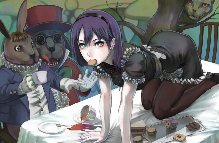 alice_(wonderland) alice_in_wonderland all_fours ass black_dress black_legwear blush breasts bunny cat cheshire_cat cookie cup dress food glasses gloves hairband hat highres jittsu looking_at_viewer mad_hatter march_hare medium_breasts pale_skin pantyhose purple_hair sandwich saucer short_hair spill teacup top_hat white_gloves