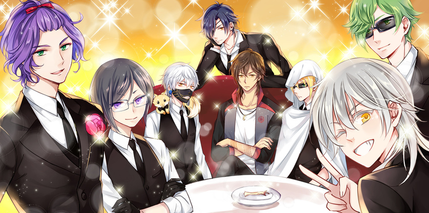 apple apple_core armor black_gloves black_hair blonde_hair bow brown_hair couch crossed_arms eyepatch flower food formal fox fruit glasses gloves green_eyes green_hair grin hair_bow highres host host_club japanese_armor kasen_kanesada male_focus menpoo multiple_boys nakigitsune nakigitsune's_fox necktie omi_(0mim0) one_eye_closed ookurikara plate purple_eyes purple_hair shokudaikiri_mitsutada sitting smile sparkle suit sunglasses table tattoo touken_ranbu touken_ranbu:_hanamaru tsurumaru_kuninaga uguisumaru v waistcoat white_hair yagen_toushirou yamanbagiri_kunihiro yellow_eyes