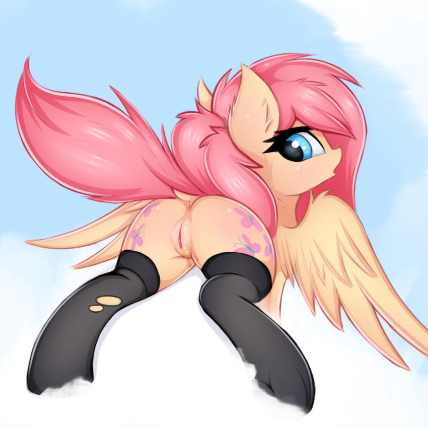 2018 blush butt clothing cloud cutie_mark equine feathered_wings feathers female feral fluttershy_(mlp) friendship_is_magic hair legwear looking_at_viewer looking_back mammal my_little_pony outside pegasus pussy sky socks solo twiren wings
