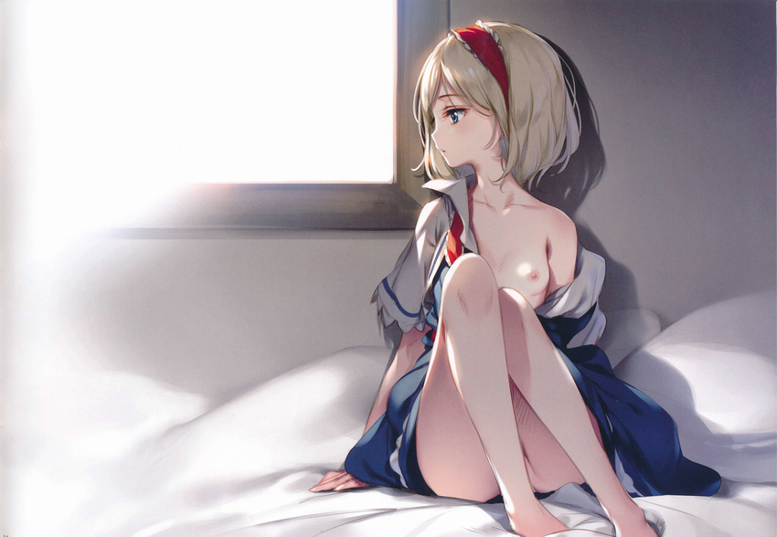 absurdres alice_margatroid bare_legs barefoot blonde_hair blue_dress blue_eyes breasts clothes_removed collarbone convenient_leg dress hairband highres indoors ke-ta knees_up legs looking_to_the_side nipples no_panties non-web_source off_shoulder on_bed one_breast_out open_clothes profile red_hairband scan shadow short_hair sitting small_breasts solo touhou window