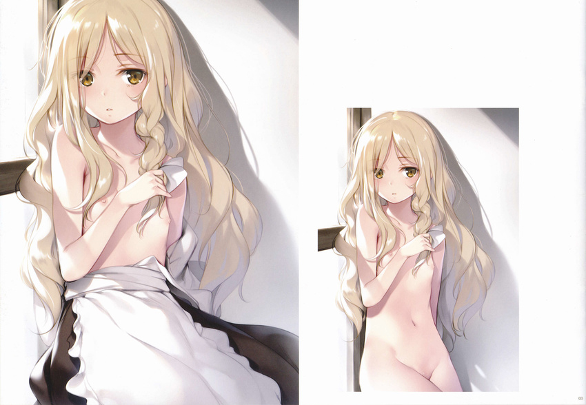 absurdres blonde_hair bow braid clothes_removed flat_chest hair_bow highres ke-ta kirisame_marisa long_hair looking_at_viewer navel nipples non-web_source nude scan side_braid solo standing touhou yellow_eyes