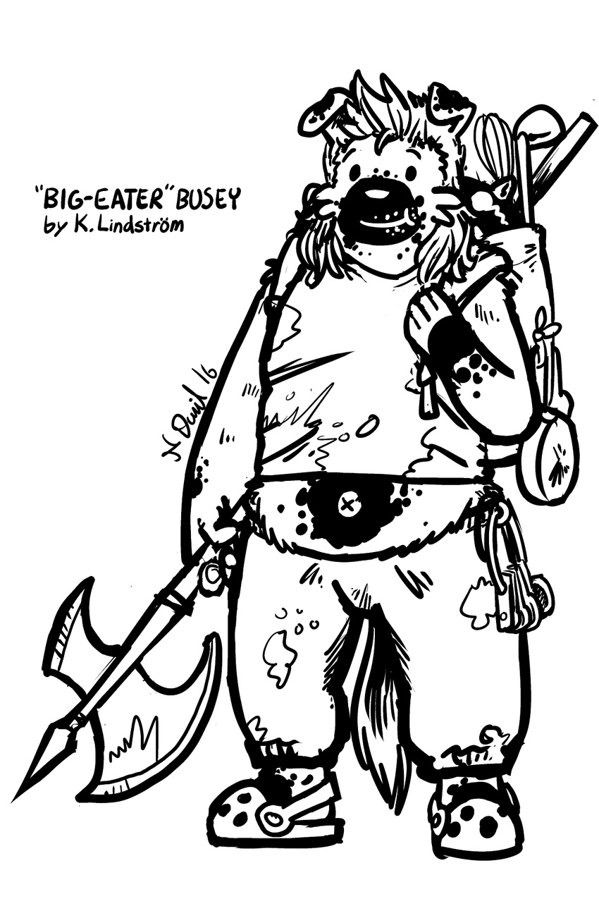 big_eater_busey clothing crocs fur hair halberd invalid_tag latchkey_kingdom melee_weapon monochrome p5ych polearm simple_background spots spotted_fur weapon white_background yuman