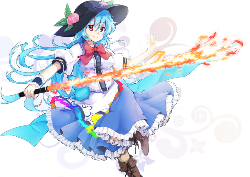 black_hat blue_hair blue_skirt boots bow bowtie brown_footwear cowboy_shot cross-laced_footwear fire flaming_sword food frilled_skirt frills fruit furapechi hair_between_eyes hat hat_leaf hinanawi_tenshi holding holding_weapon long_hair peach puffy_short_sleeves puffy_sleeves rainbow_order red_bow red_eyes red_neckwear shirt short_sleeves single_wrist_cuff skirt smile solo standing standing_on_one_leg sword_of_hisou touhou weapon white_background white_shirt