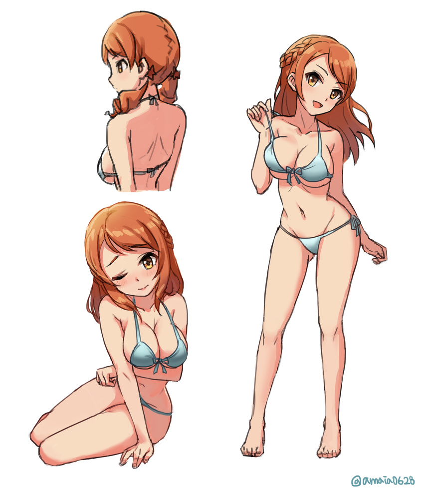 absurdres bikini blue_bikini blush braid breast_hold breasts brown_eyes brown_hair full_body hair_down highres houjou_karen idolmaster idolmaster_cinderella_girls kohinata_(sdu0628) large_breasts long_hair looking_at_viewer navel one_eye_closed simple_background smile solo standing swimsuit twintails white_background