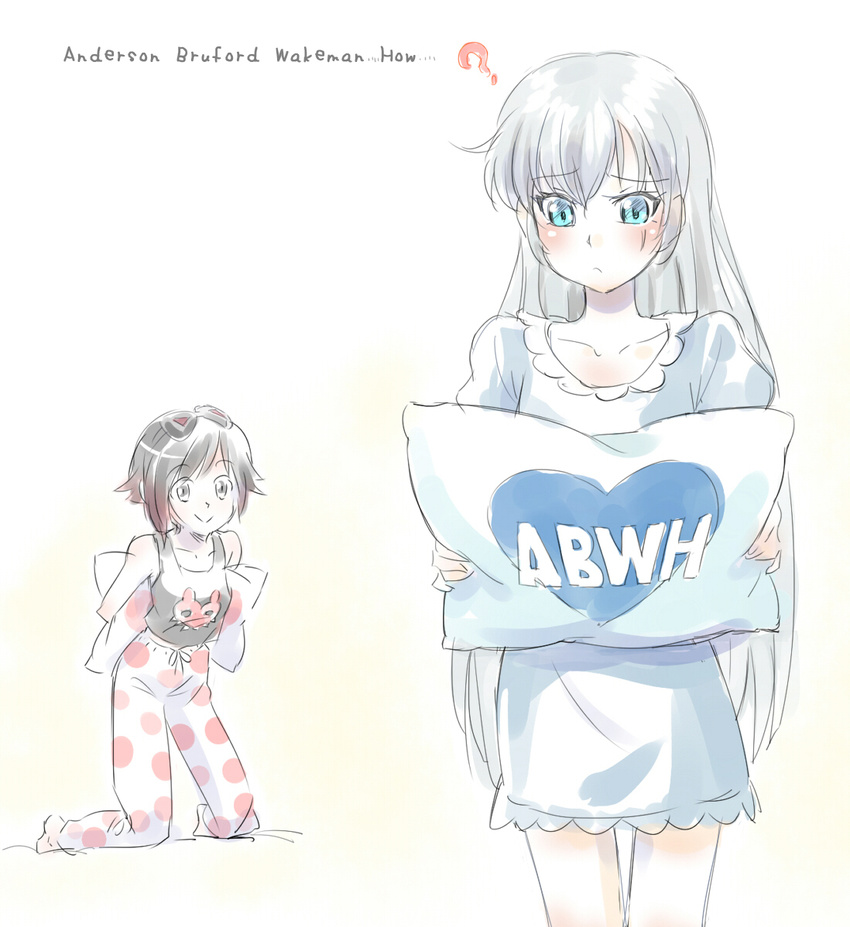 ? black_hair blue_eyes english iesupa looking_at_viewer multiple_girls pajamas pillow ruby_rose rwby scar sleep_mask weiss_schnee white_hair yes-no_pillow