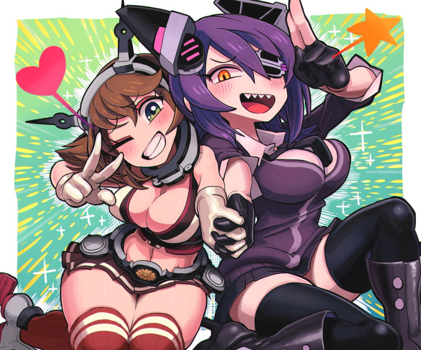 boots breasts brown_hair cleavage eyepatch fingerless_gloves gashi-gashi gloves green_eyes kantai_collection large_breasts midriff miniskirt multiple_girls mutsu_(kantai_collection) necktie partly_fingerless_gloves purple_hair sharp_teeth short_hair skirt teeth tenryuu_(kantai_collection) thighhighs white_gloves yellow_eyes