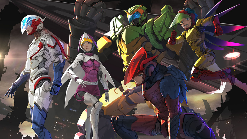 4boys everyone gatchaman highres jinpei_the_swallow joe_the_condor jun_the_swan ken_the_eagle looking_at_viewer mechanical_wings multiple_boys power_armor redesign ryu_the_owl sunkilow visor visor_(armor) wings