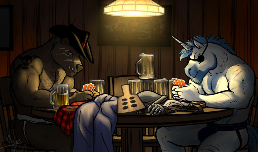 anthro bear beverage bgn body_hair brown_theme bulge card clothing duo equine eye_patch eyewear facial_hair horn inorog jockstrap male mammal mostly_nude muscular poker tankard underwear unicorn