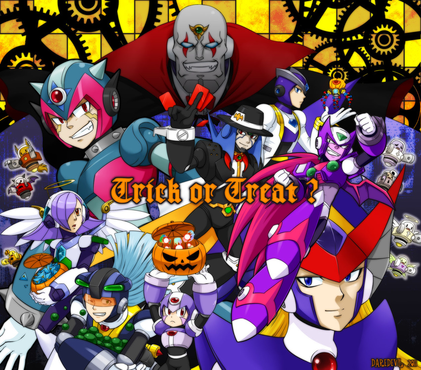 android bald berkana blonde_hair blue_eyes cape cards cosplay dynamo_(rockman) gate_(rockman) gloves halloween hat helmet holding labcoat lavender_hair long_hair lumine pumpkin purple_hair red_eyes robot rockman rockman_x sigma silver_hair smile suit text vampire visor white_gloves wings witch witch_hat x_(rockman) zero_(rockman)