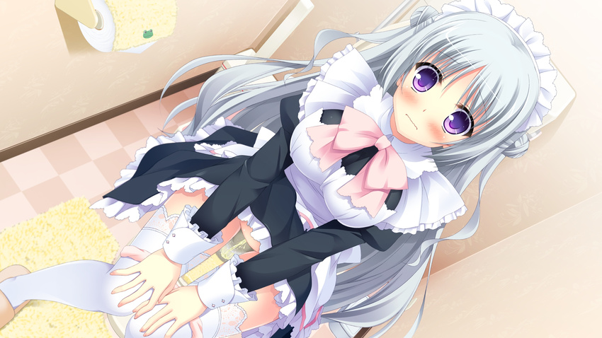 black_dress blush bow breasts closed_mouth double_bun dress dutch_angle embarrassed frilled_dress frills frog game_cg grey_hair hands_on_own_knees highres impossible_clothes impossible_dress indoors knees_together_feet_apart long_hair looking_at_viewer love_ra_bride maid maid_headdress medium_breasts panties panty_pull pee peeing pink_bow pink_panties purple_eyes raised_eyebrows sasha_(love_ra_bride) shoes sitting slippers solo takano_yuki_(allegro_mistic) thighhighs tile_floor tiles toilet toilet_paper toilet_use underwear very_long_hair wavy_mouth white_legwear