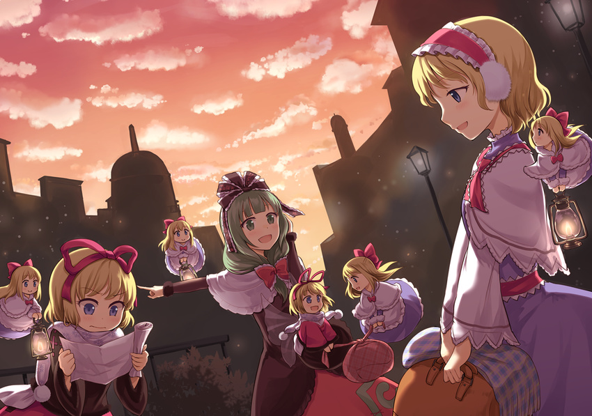 bag blonde_hair blue_dress bow bowtie brown_shirt capelet cloud dress earmuffs evening frilled_ribbon frills front_ponytail fur_trim green_hair hair_bow hair_ribbon hairband kagiyama_hina lamppost lantern light_particles lolita_hairband long_sleeves medicine_melancholy mito_tsubaki orange_sky pointing reading red_bow red_neckwear red_ribbon red_skirt ribbon scarf scroll shanghai_doll shirt short_hair skirt sky su-san sunset touhou town white_scarf wide_sleeves