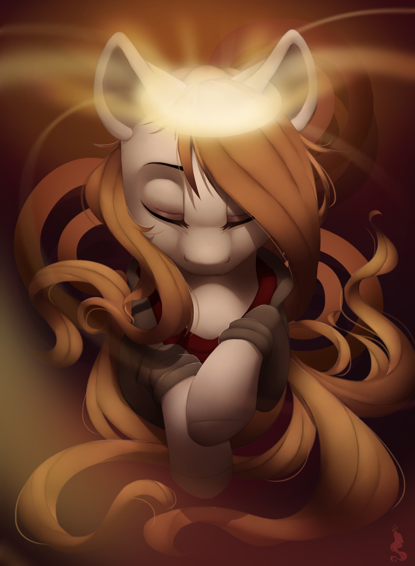 brown_hair clothing equine eyelashes eyes_closed fan_character female feral hair hoodie hooves horse mammal my_little_pony pony silentwulv solo