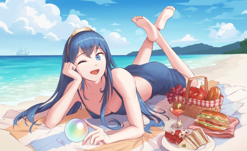1girl :d alternate_costume apple awan97 bangs bare_shoulders beach berry blue_bikini_top blue_eyes blue_hair blue_sarong blue_sky breasts cleavage cloud commentary cup drink drinking_glass english_commentary fire_emblem fire_emblem:_kakusei fire_emblem_heroes food fruit full_body hair_between_eyes horizon legs_crossed long_hair looking_at_viewer lucina lying medium_breasts mountainous_horizon nintendo ocean on_stomach one_eye_closed open_mouth orb picnic_basket plate sand sandwich sarong ship shore sky smile solo tiara towel watercraft waves wine_glass