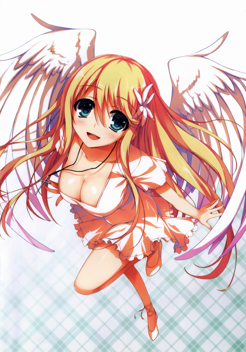 :d absurdres angel_wings ankle_lace-up blonde_hair breasts cleavage cross-laced_footwear dress elise_(koakuma_teeri_to_kyuuseishu!?) feathered_wings flower full_body green_eyes hair_flower hair_ornament highres koakuma_teeri_to_kyuuseishu!? large_breasts long_hair non-web_source open_mouth shoes simple_background smile solo tomose_shunsaku white_dress wings