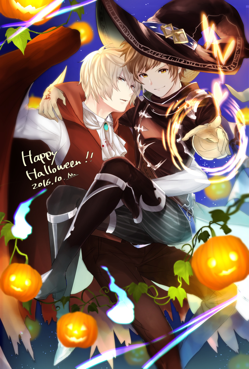 2boys albert_(shingeki_no_bahamut) alternate_costume arm_around_neck blonde_hair boots brown_eyes brown_hair cravat dated fang gloves gran_(granblue_fantasy) granblue_fantasy halloween_costume hat highres knee_boots male_focus multiple_boys nuu_(liebe_sk) parted_lips plant pumpkin red_eyes shingeki_no_bahamut vampire vines warlock_(granblue_fantasy) will-o'-the-wisp_(mythology) witch_hat