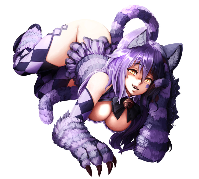 :3 animal_ears argyle argyle_legwear barbariank bare_shoulders bell bow breasts cat_ears cat_tail cheshire_cat_(monster_girl_encyclopedia) claws cleavage facial_tattoo fangs fur hair_bow heart heart_tail highres jingle_bell large_breasts long_hair looking_at_viewer lying monster_girl monster_girl_encyclopedia multicolored_hair non-web_source paws purple_hair skirt slit_pupils smile solo striped_tail tail tattoo thighhighs transparent_background yellow_eyes