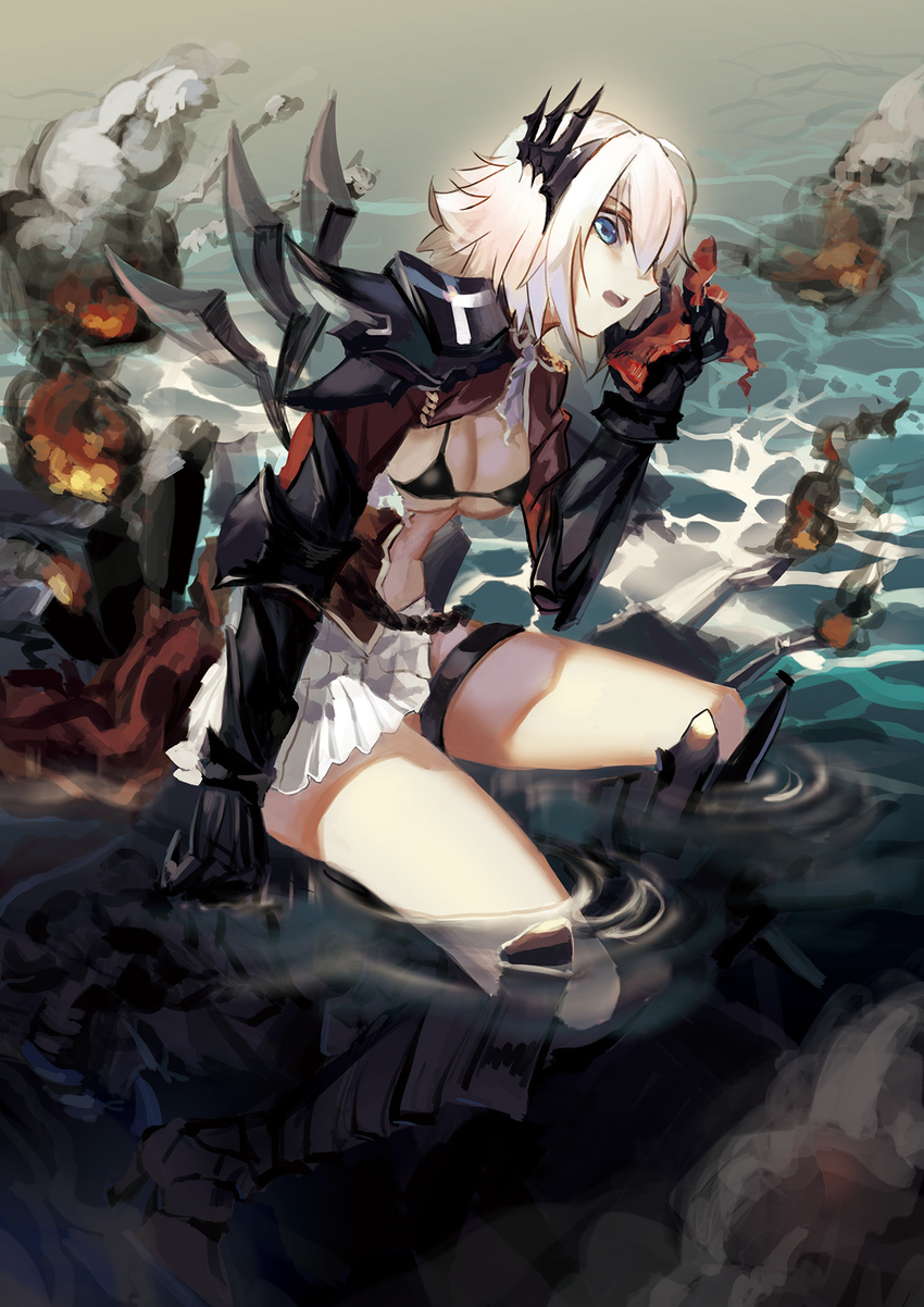 armor armored_boots bikini black_bikini black_bikini_top blonde_hair blue_eyes boots breasts cleavage dark_persona fire full_body gauntlets headgear high_heels highres jacket liyou-ryon looking_at_viewer looking_to_the_side military_jacket open_clothes open_jacket open_mouth pleated_skirt prince_of_wales_(zhan_jian_shao_nyu) red_jacket shinkaisei-kan sitting skirt smoke solo swimsuit thigh_strap water white_skirt zhan_jian_shao_nyu
