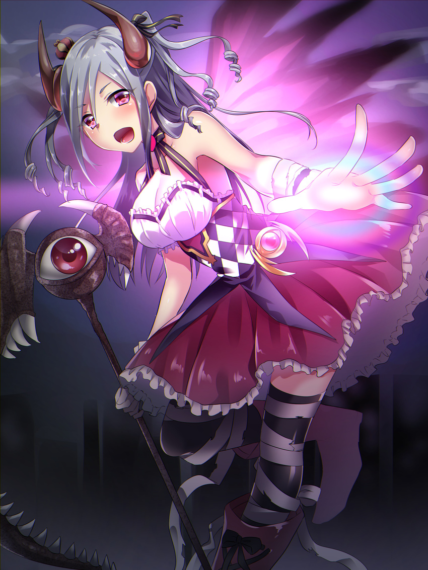 :d absurdres aburai_yui bare_shoulders black_legwear bow breasts cleavage commentary_request crown drill_hair eyeball eyebrows eyebrows_visible_through_hair granblue_fantasy grey_hair hair_bow highres holding idolmaster idolmaster_cinderella_girls kanzaki_ranko looking_at_viewer medium_breasts mini_crown open_mouth pose red_eyes red_skirt skirt smile solo thick_eyebrows thighhighs