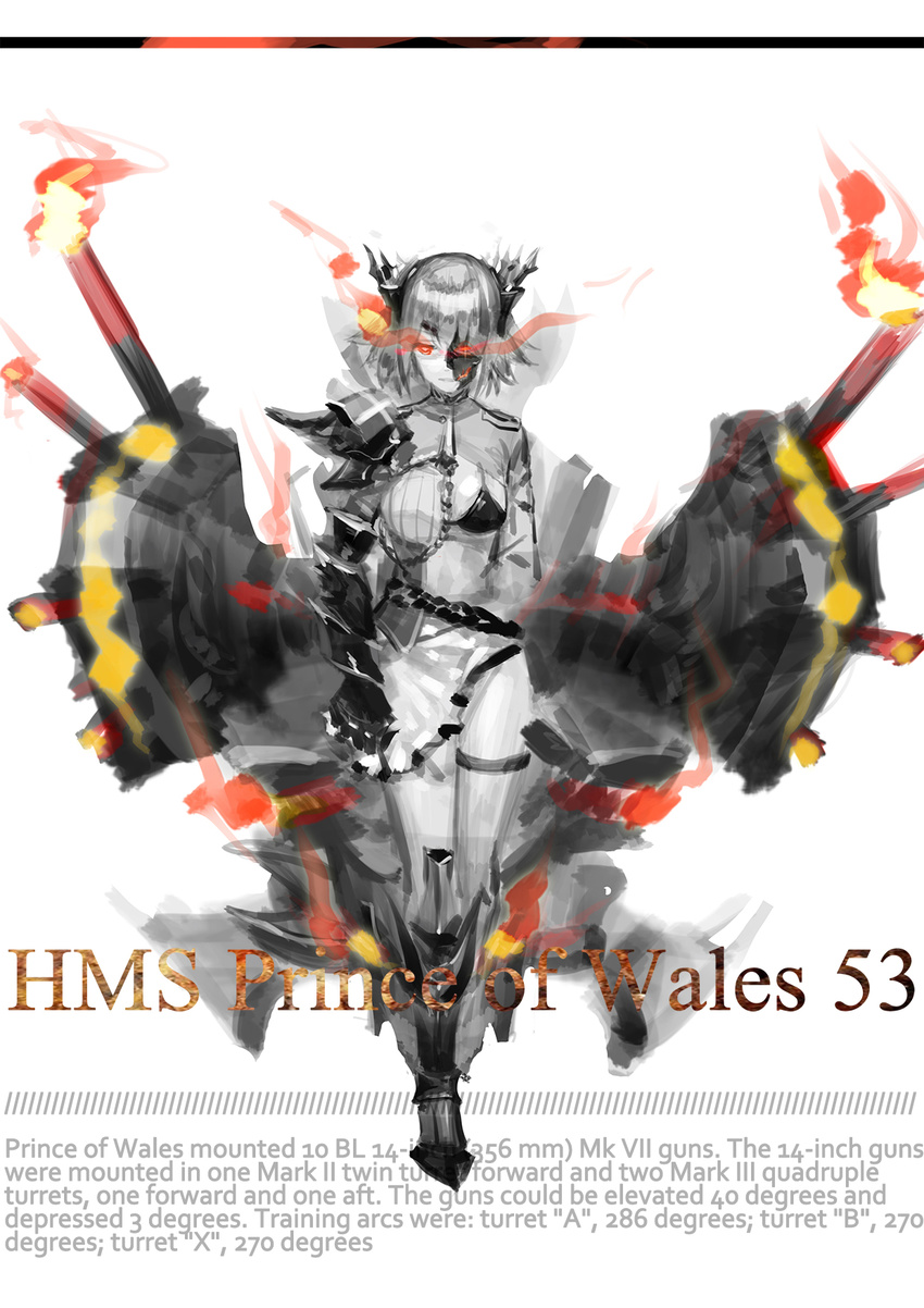 aiguillette armor armored_boots belt bikini black_bikini boots burning_eye cannon character_name dark_persona fire flame full_body gauntlets headgear highres legs_together liyou-ryon machinery military_jacket orange_eyes pale_skin prince_of_wales_(zhan_jian_shao_nyu) shinkaisei-kan skirt solo standing swimsuit text_focus thigh_strap turret white_background zhan_jian_shao_nyu