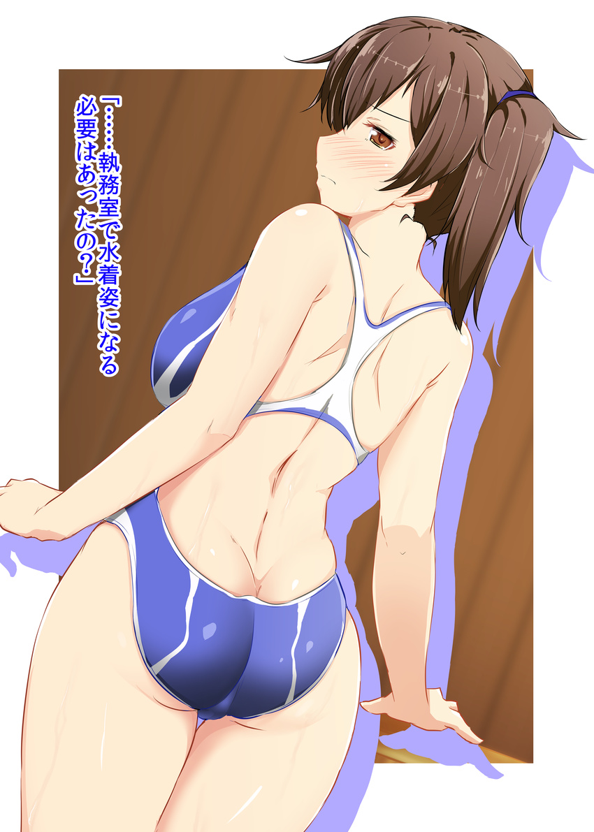 absurdres ass back back_cutout backless_outfit blush breasts brown_eyes brown_hair commentary_request competition_swimsuit from_behind highleg highleg_swimsuit highres huge_breasts kaga_(kantai_collection) kantai_collection kirino_kyousuke long_hair looking_at_viewer looking_back one-piece_swimsuit side_ponytail solo swimsuit translated