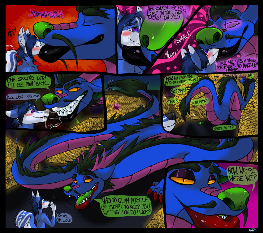 2014 anthro clothed clothing comic crossdressing dialogue dragon duo eastern_dragon english_text gem girly grin hoard invalid_color jay kissing lipstick macro makeup male male/male mammal mind_read psychosocial ryuunosuke saliva scalie size_difference skunk slit_pupils smile text whiskers yellow_eyes
