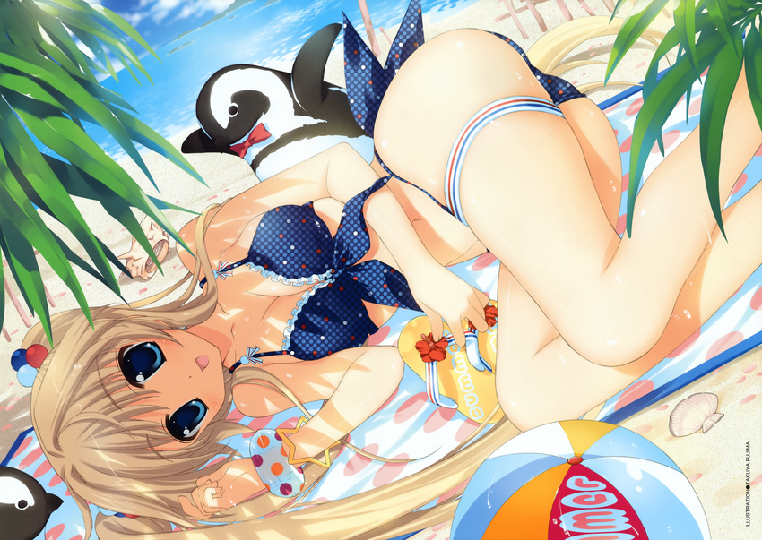 absurdres ball beach beachball bikini bird blonde_hair blue_eyes bracelet breasts checkered checkered_bikini cleavage copyright_request day front-tie_top fujima_takuya hair_bobbles hair_ornament highres huge_filesize jewelry lying medium_breasts on_side open_mouth outdoors penguin polka_dot polka_dot_bikini polka_dot_swimsuit sandals scan smile solo swimsuit thigh_strap twintails water