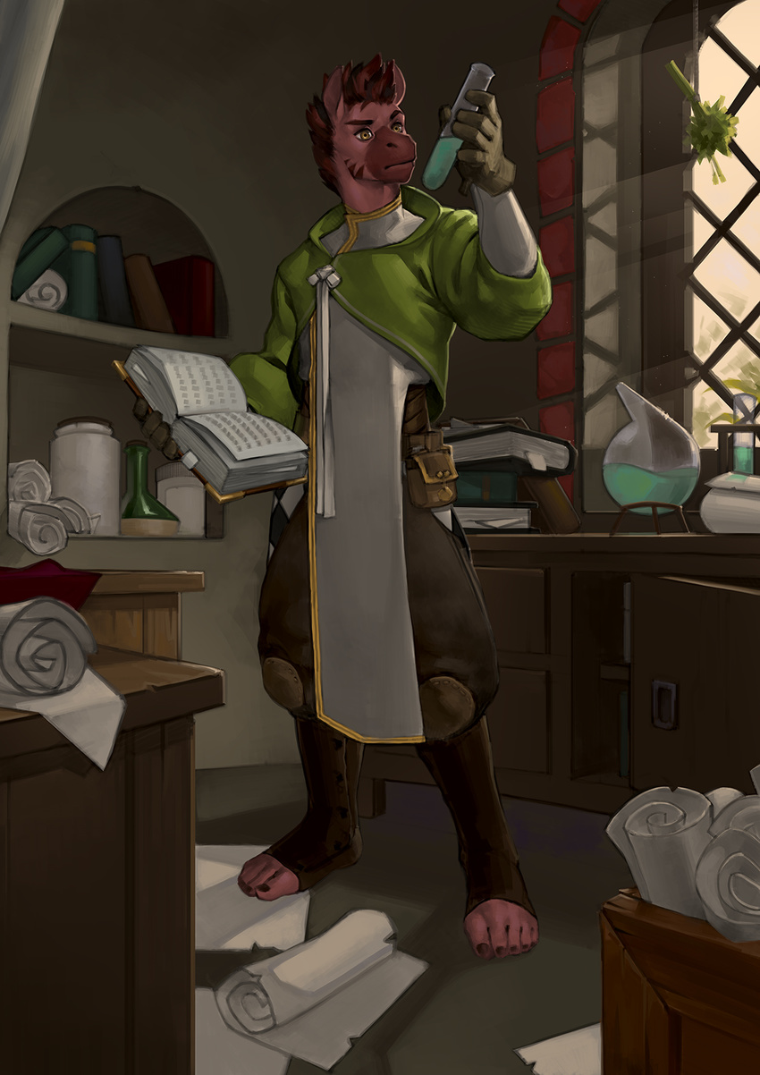 5_fingers 5_toes anthro barefoot book brown_eyes clothed clothing day detailed_background eosphorite fur gloves hair holding_object inside male mammal red_fur red_hair solo toes window