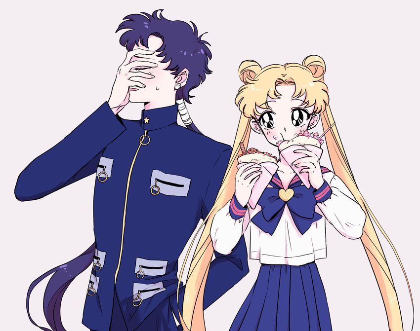 :t androgynous bangs bishoujo_senshi_sailor_moon black_eyes black_hair blonde_hair blue_bow bow covering_face double_bun eating food gakuran hand_in_pocket highres holding juuban_high_school_uniform kumakichi_(mnk) long_hair low_ponytail multiple_girls parted_bangs ponytail school_uniform seiya_kou serafuku simple_background tsukino_usagi twintails very_long_hair zipper