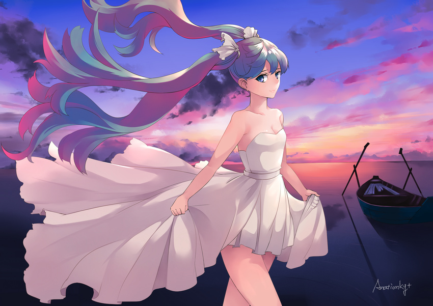 anationkgt artist_name boat cloud dress floating_hair hatsune_miku highres horizon long_hair ocean skirt_hold solo strapless strapless_dress sunset twintails very_long_hair vocaloid watercraft white_dress wind