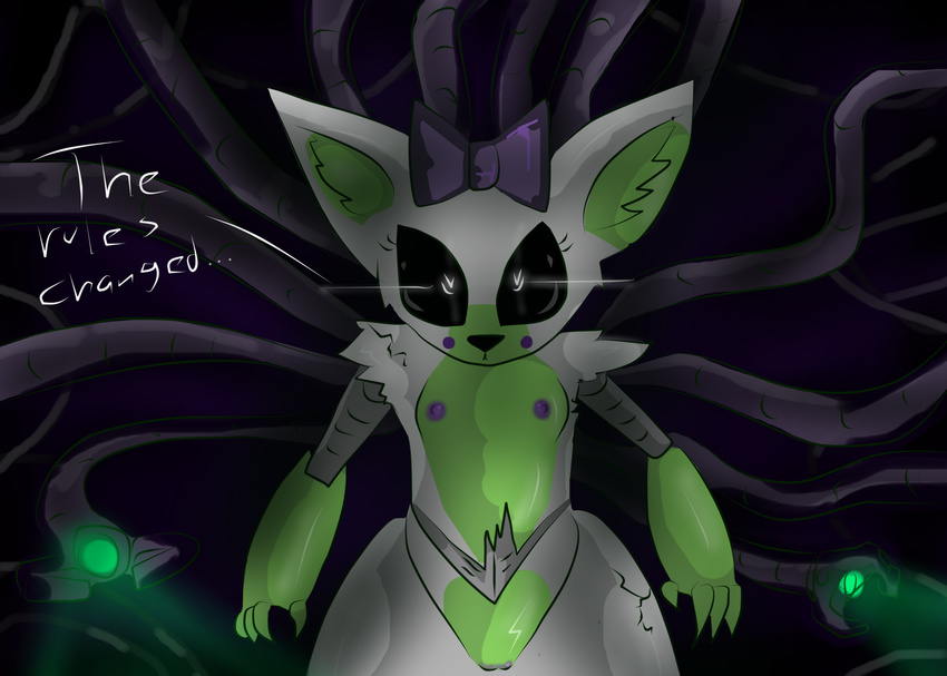 2016 4_fingers animatronic anthro black_nose blush breasts canine dialogue digital_media_(artwork) e-01_(artist) english_text female five_nights_at_freddy's five_nights_at_freddy's_world fox fur glowing glowing_eyes green_fur hair looking_at_viewer machine mammal nipples nude purple_nipples purple_pussy pussy robot simple_background small_breasts solo tangle_(fnaf) tentacles text video_games white_fur young