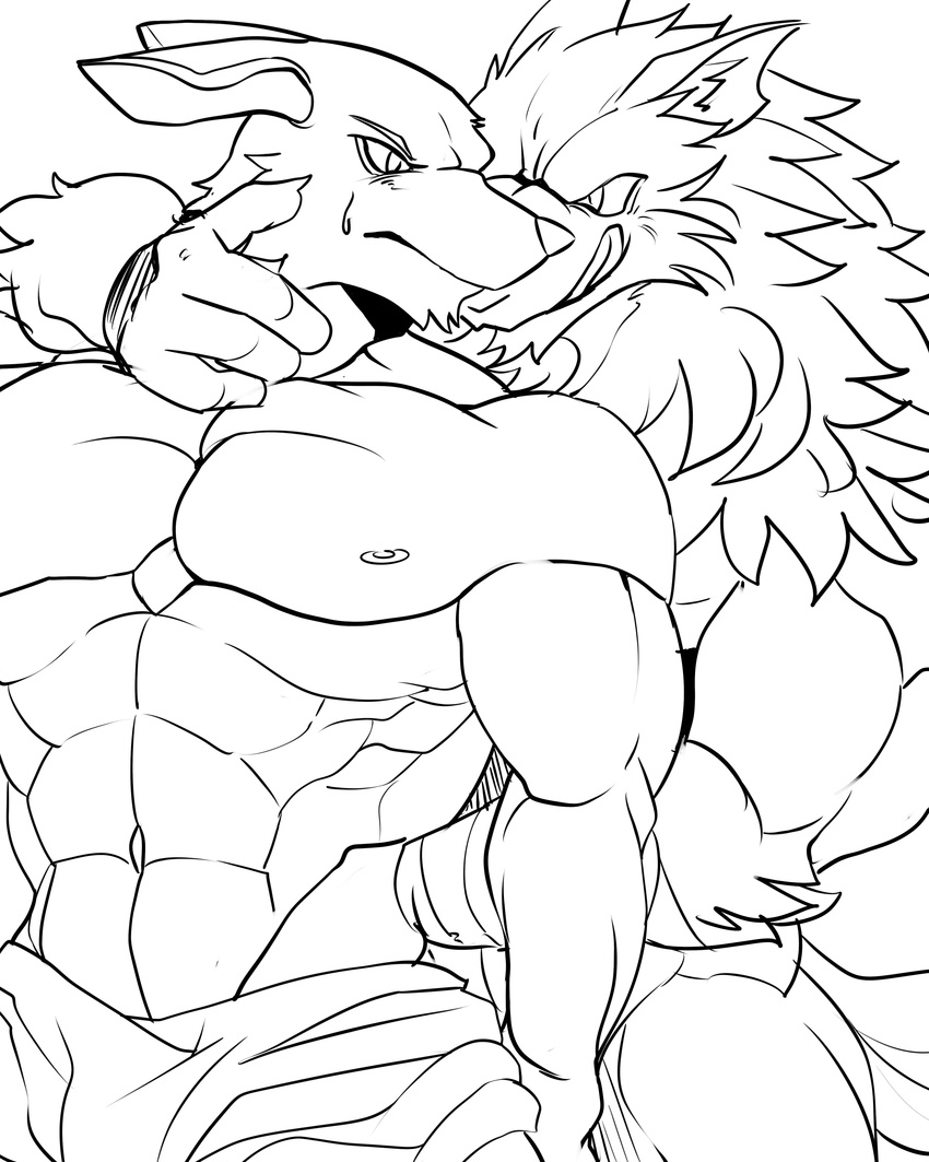 4_fingers abs anubian_jackal anubis biceps big_biceps canine clothed clothing deity digital_drawing_(artwork) digital_media_(artwork) duo father father_and_son fluffy front_view frown glare grin huge_muscles incest inner_ear_fluff jackal licking licking_lips line_art loincloth male male/male mammal manly mayar muscular muscular_male nipples parent pecs serratus set simple_background smile son sweat tongue tongue_out toony topless white_background