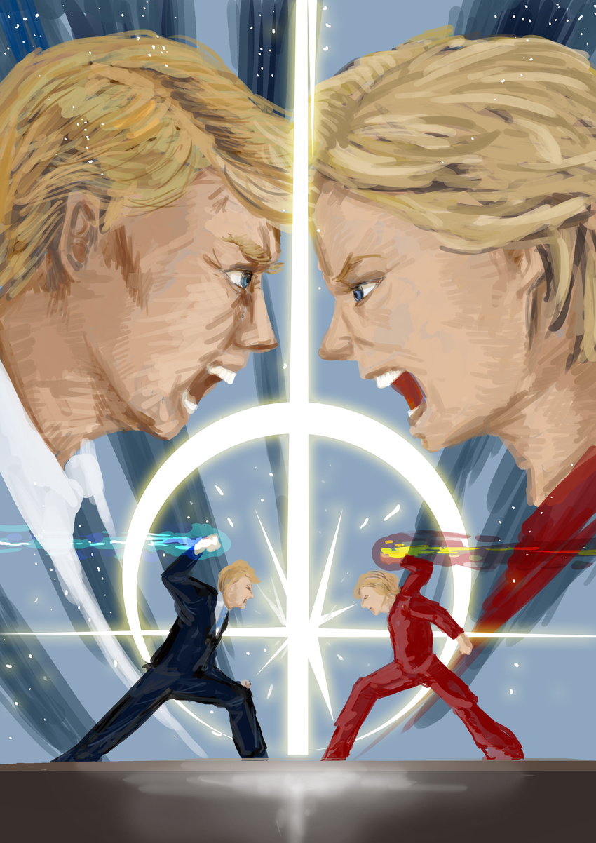 1girl absurdres awesome_face battle blonde_hair business_suit clash donald_trump duel election fighting_stance fire formal highres hillary_clinton kansei_chuusatsu lens_flare old_man old_woman open_mouth real_life staring staring_contest suit