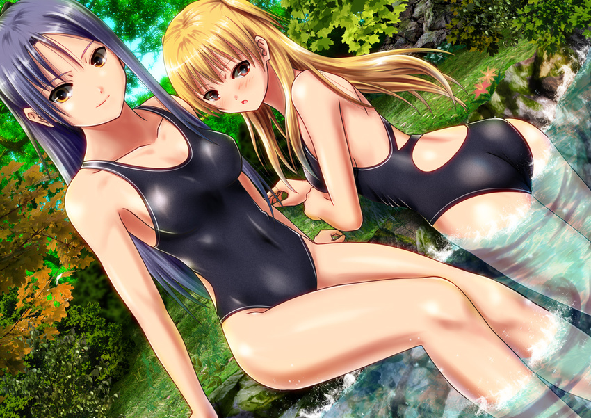 alisa_reinford ass blonde_hair competition_swimsuit day dutch_angle eiyuu_densetsu from_behind laura_s._arzeid long_hair looking_at_viewer looking_back multiple_girls nature one-piece_swimsuit orange_eyes outdoors partially_submerged purple_hair sen_no_kiseki swimsuit twintails two_side_up water yamaoyaji