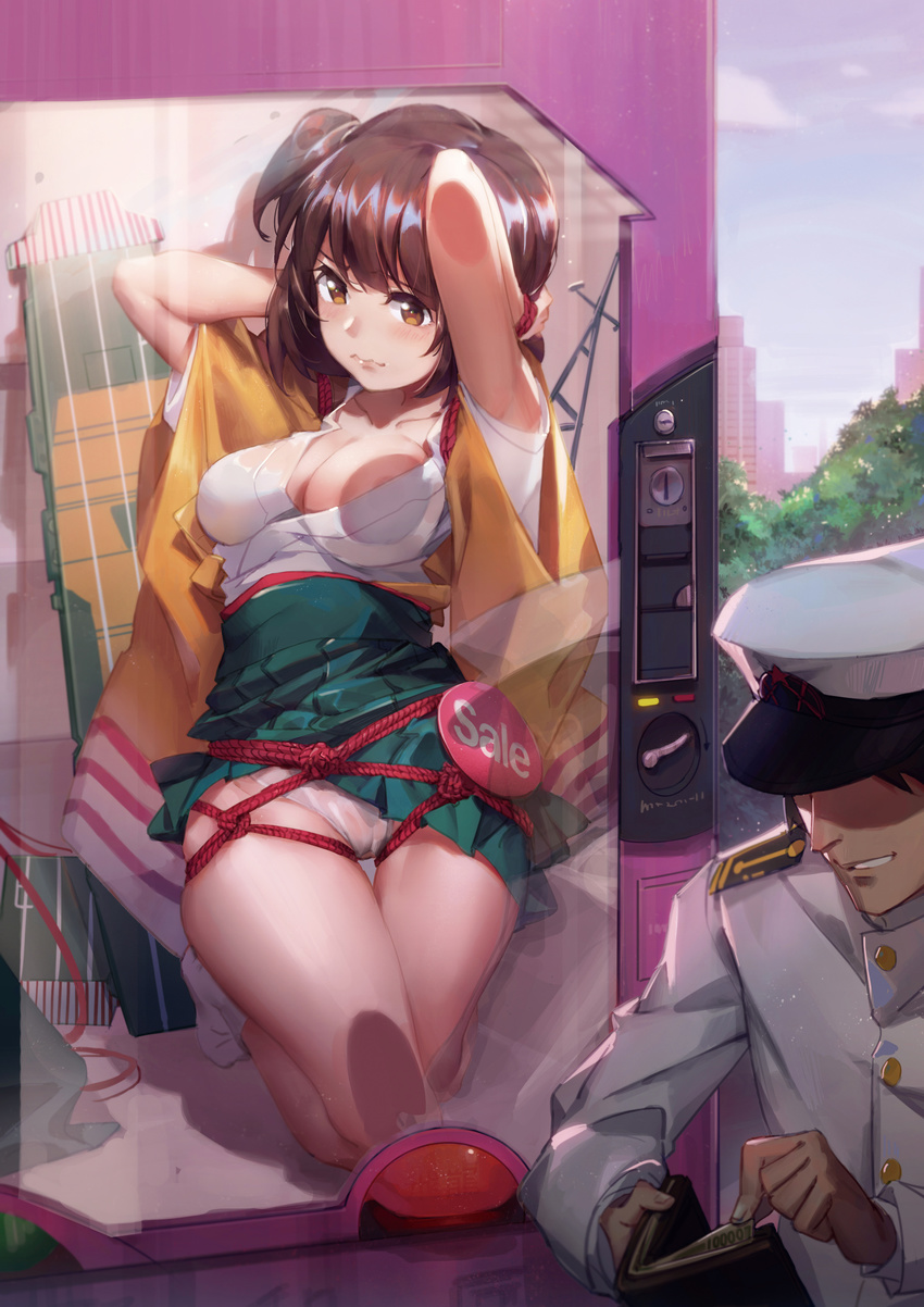 1girl absurdres admiral_(kantai_collection) against_glass areola_slip areolae armpit_peek arms_up bangs bare_arms bdsm between_legs blush bondage bound breast_press breasts brown_eyes brown_hair building character_print city cleavage closed_mouth cloud collarbone day flight_deck green_hakama green_skirt grin hakama hakama_skirt hat highres hiryuu_(kantai_collection) holding in_container japanese_clothes kantai_collection kneeling large_breasts long_sleeves looking_at_viewer medium_breasts military military_uniform miniskirt money naval_uniform no_eyes one_side_up panties peaked_cap pg_(pgouwoderen) poster_(object) rope see-through shaded_face shadow shibari shibari_over_clothes short_hair skirt skirt_lift sky smile tabi thigh_gap tree underwear uniform vending_machine wallet white_hat white_legwear white_panties wide_sleeves