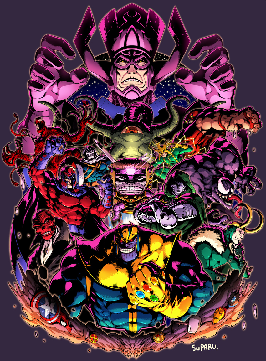 armor artist_name badge bodysuit cape carnage_(marvel) claws clenched_hand clenched_teeth coat crossed_arms deadpool doctor_doom electricity electro_(spider-man) evil_grin evil_smile eye_of_agamotto fingerless_gloves frown galactus gloves grin hammer hand_on_own_chin helmet highres hood infinity_gauntlet juggernaut_(x-men) loki_(marvel) long_tongue magneto marvel mask mjolnir modok monster muscle purple_gloves purple_skin red_eyes red_skin red_skull sharp_teeth shield shuma_gorath signature skin_tight smile spider-man_(series) suparu_(detteiu) sword taskmaster teeth tentacles thanos tongue venom_(marvel) weapon yellow_eyes yellow_gloves