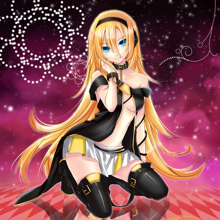 argyle bad_id bad_pixiv_id black_footwear black_legwear blonde_hair blue_eyes boots breasts collarbone colorized felicia-val hair_between_eyes hand_in_hair headphones highres kneeling lily_(vocaloid) long_hair looking_at_viewer medium_breasts pleated_skirt skirt smile solo thigh_boots thighhighs vocaloid white_skirt zettai_ryouiki