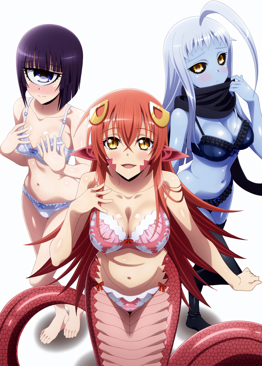 animal_ears bra breast_hold cleavage lala_(monster_musume) manako miia_(monster_musume) monster_girl monster_musume_no_iru_nichijou pantsu tagme thighhighs