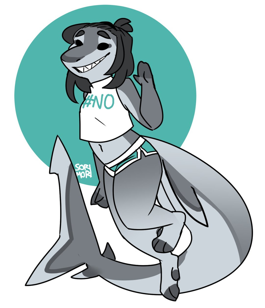 anthro clothed clothing female fish looking_at_viewer marine nepetacide shark simple_background smile solo