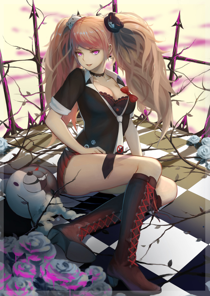 absurdres arm_at_side arm_support bangs bear_hair_ornament black_bra black_choker black_neckwear boots bow bra breasts brown_footwear checkered checkered_floor choker cleavage collarbone cross-laced_footwear danganronpa danganronpa_1 enoshima_junko eyebrows eyebrows_visible_through_hair eyelashes flower full_body gy_(l964625780) hair_ornament hand_on_lap high_heel_boots high_heels highres knee_boots lace-up_boots long_hair looking_at_viewer loose_necktie medium_breasts monokuma necktie open_mouth petals pink_hair pink_lips pleated_skirt purple_eyes railing red_bow red_skirt rose short_sleeves sitting skirt sleeves_rolled_up smile solo spoilers stuffed_animal stuffed_toy teddy_bear teeth tree_branch twintails underwear white_neckwear