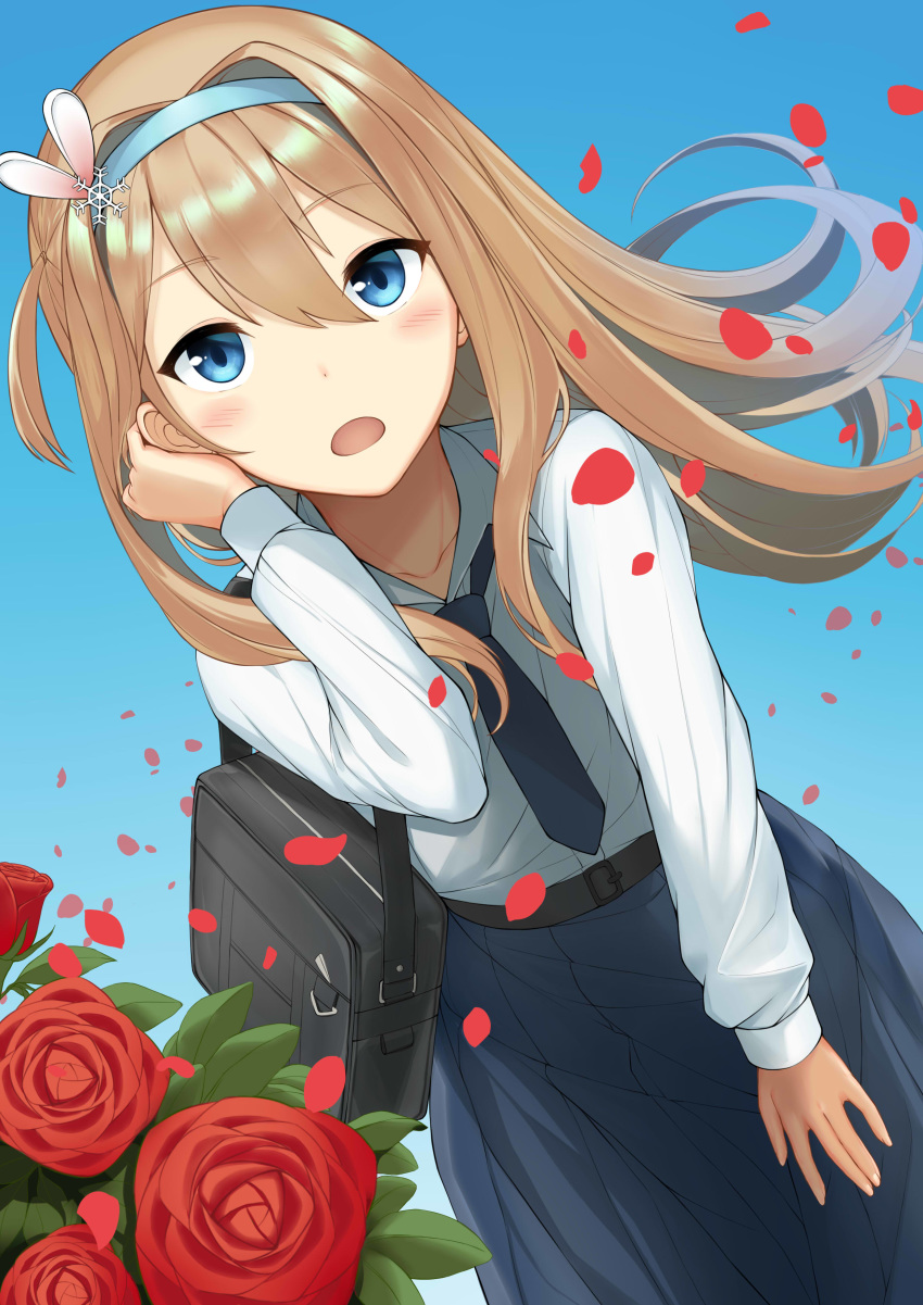 1girl :o absurdres alternate_costume bag bangs belt black_neckwear blue_eyes blue_skirt blue_sky blush brown_hair bunny_hair_ornament collarbone collared_shirt dress_shirt dutch_angle floating_hair flower girls_frontline hair_between_eyes hair_intakes hair_ornament hair_tucking hairband hand_on_own_thigh hand_up highres leaning_forward long_hair long_skirt long_sleeves looking_at_viewer necktie open_mouth outdoors petals pleated_skirt rachel red_flower rose school_bag school_uniform shirt shirt_tucked_in sidelocks skirt sky snowflake_hair_ornament solo suomi_kp31_(girls_frontline) white_shirt