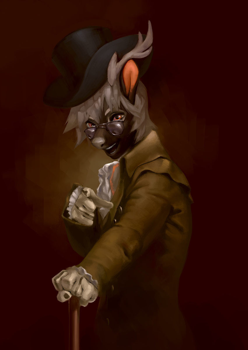 5_fingers anthro brown_eyes cervine clothed clothing deer eosphorite eyewear glasses gloves gradient_background grey_nose hat mammal open_mouth simple_background smile teeth