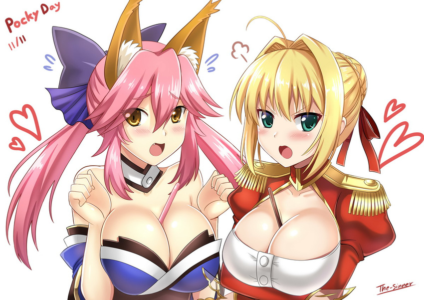 :o =3 ahoge animal_ears artist_name bare_shoulders between_breasts blonde_hair blue_bow blue_ribbon blush bow braid breast_hold breasts cleavage cleavage_cutout clenched_hands collarbone dated detached_collar epaulettes fang fate/extra fate_(series) flying_sweatdrops food food_between_breasts fox_ears green_eyes hair_between_eyes hair_bow hair_intakes hair_ribbon heart japanese_clothes juliet_sleeves kimono large_breasts long_sleeves looking_at_viewer low_twintails multiple_girls nero_claudius_(fate) nero_claudius_(fate)_(all) open_mouth pink_hair pocky puffy_sleeves ribbon short_hair take_your_pick tamamo_(fate)_(all) tamamo_no_mae_(fate) the-sinner twintails upper_body v-shaped_eyebrows white_background yellow_eyes