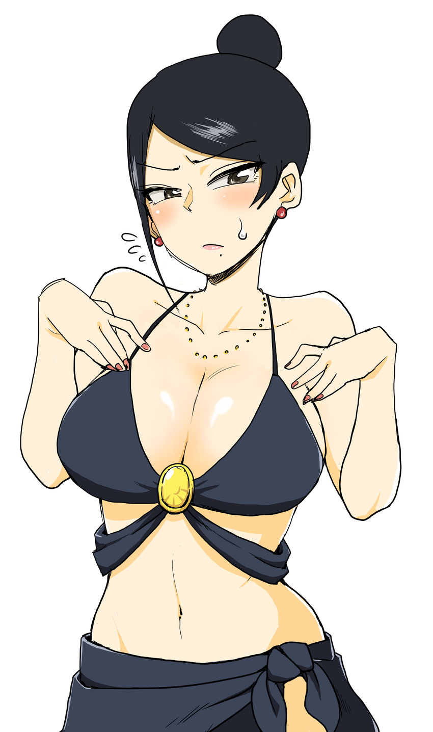 absurdres bijin_onna_joushi_takizawa-san black_eyes black_hair breasts cleavage earrings hair_bun hands_up highres jewelry large_breasts nail_polish navel necklace pink_nails red_earrings simple_background solo standing sweatdrop swimsuit takizawa_kyouko white_background yan-baru